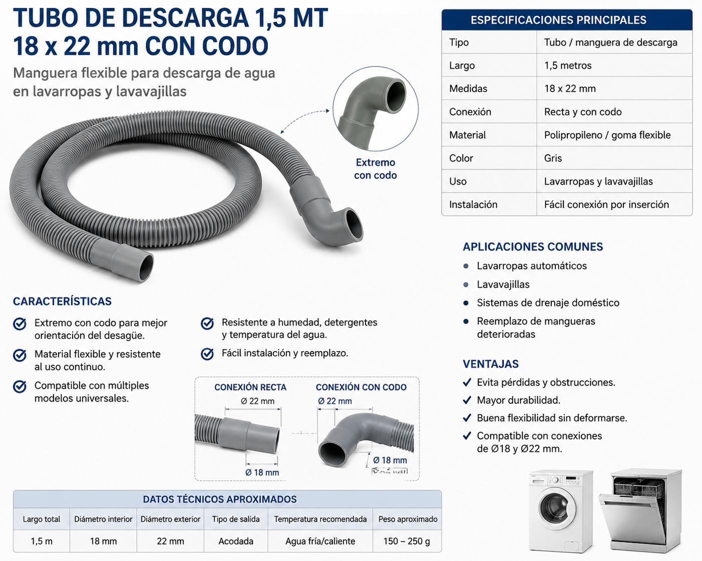 Tubo de descarga 1,5 mt - 18 x 22 mm con codo